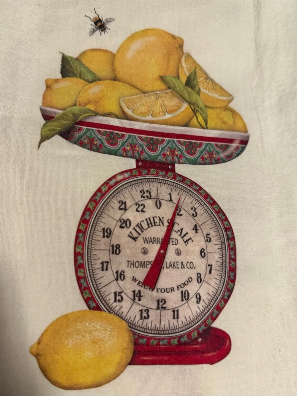 Antique Kitchen Scale, Lemons & Bee Summer Tea Towel Farmhouse Kitchen Decor